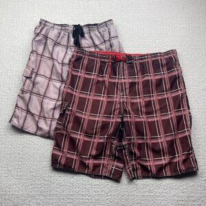 Lot x2 Y2K Burnside Cargo Board Shorts Men' L Red & Pink Plaid Surf Beach Summer
